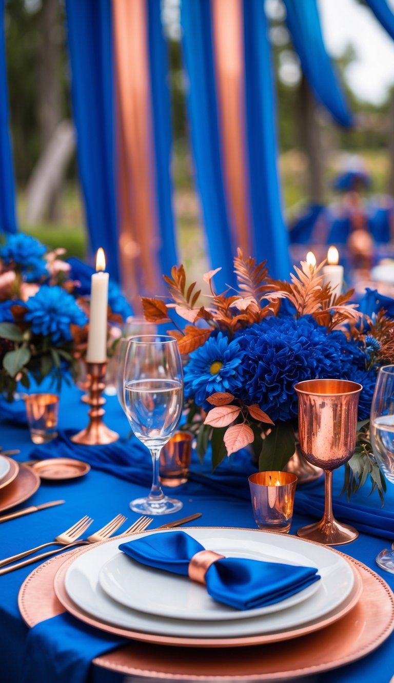 An outdoor wedding setup featuring cobalt blue decorations and copper accents with floral arrangements and table settings.
