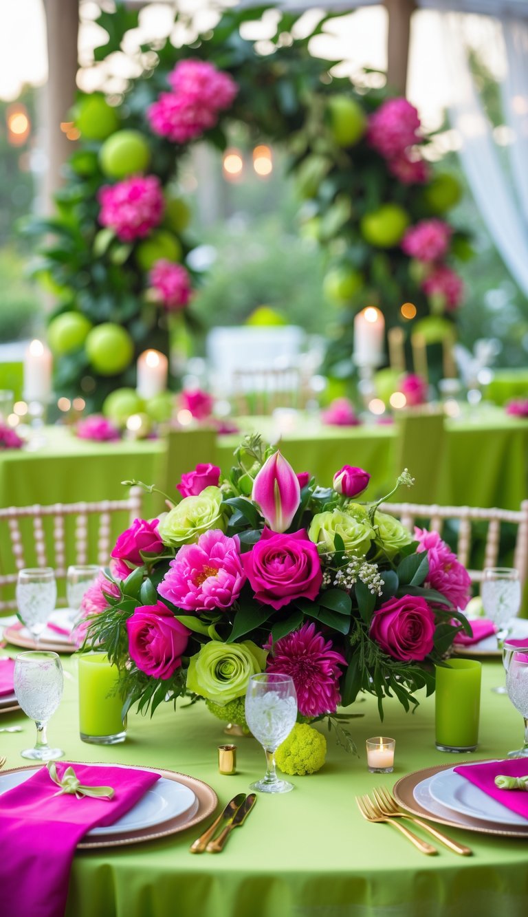 A wedding setup featuring bright fuchsia flowers and lime green decorations with a table set outdoors surrounded by greenery.