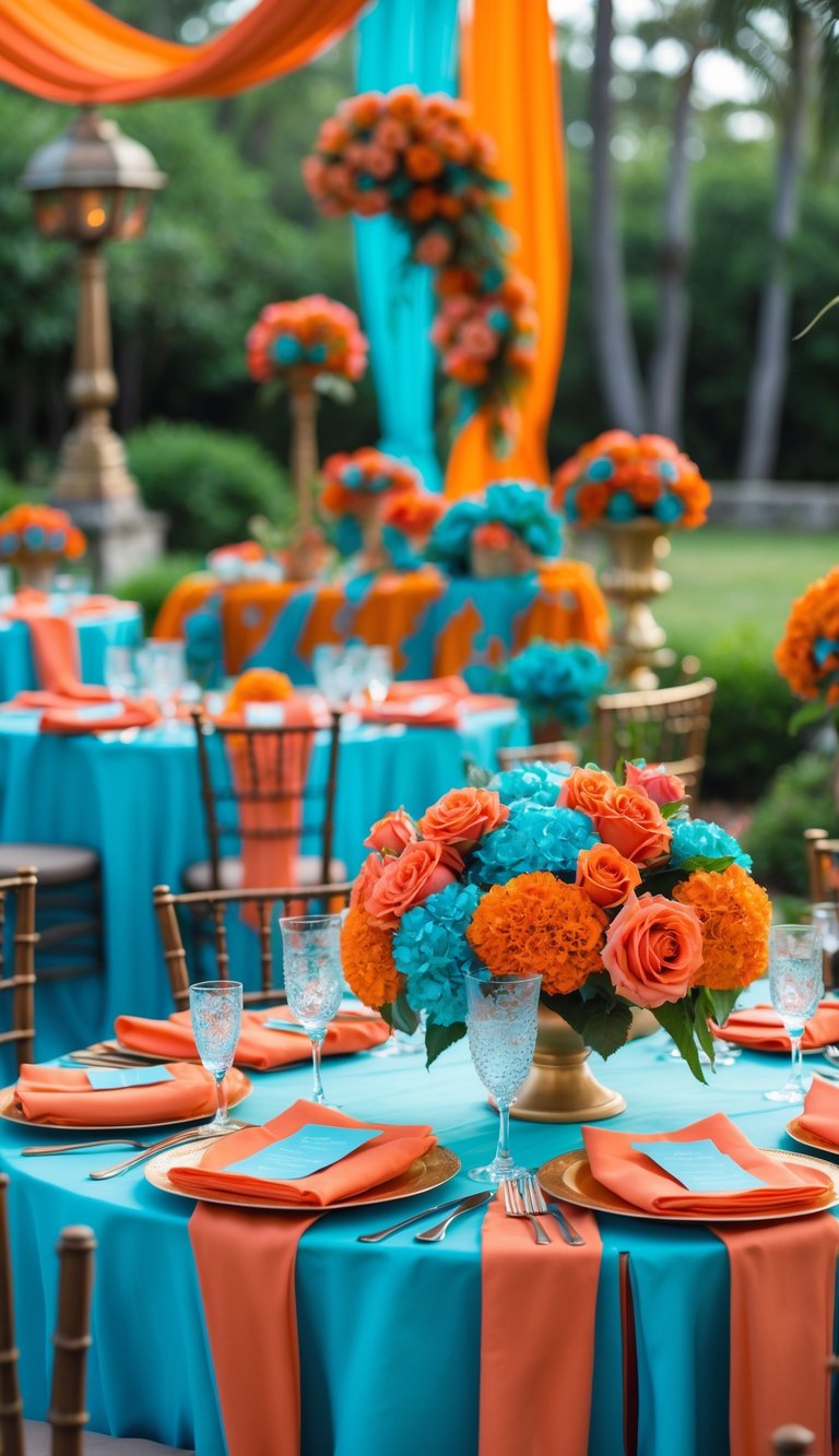 Outdoor wedding setup with tables decorated in burnt orange and aqua colors, featuring floral centerpieces and greenery in the background.