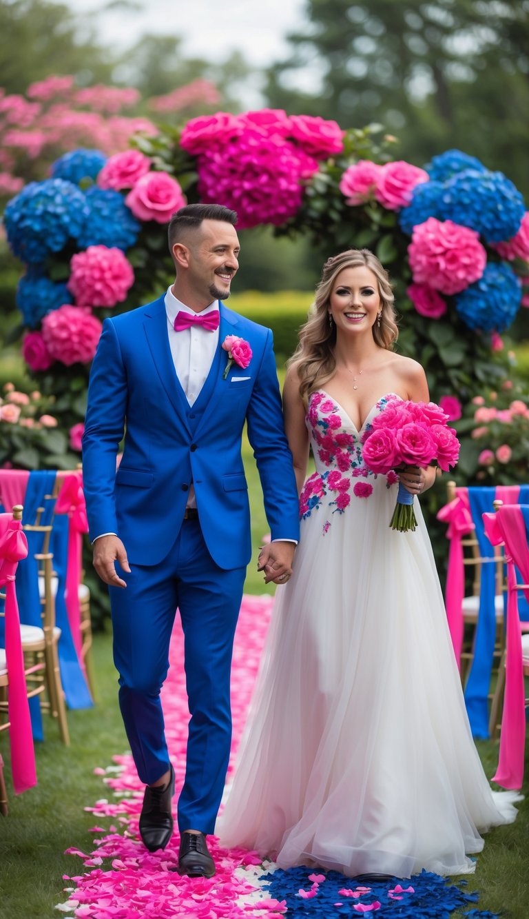 A wedding ceremony outdoors with decorations and attire in hot pink and royal blue colors, surrounded by greenery and flowers.