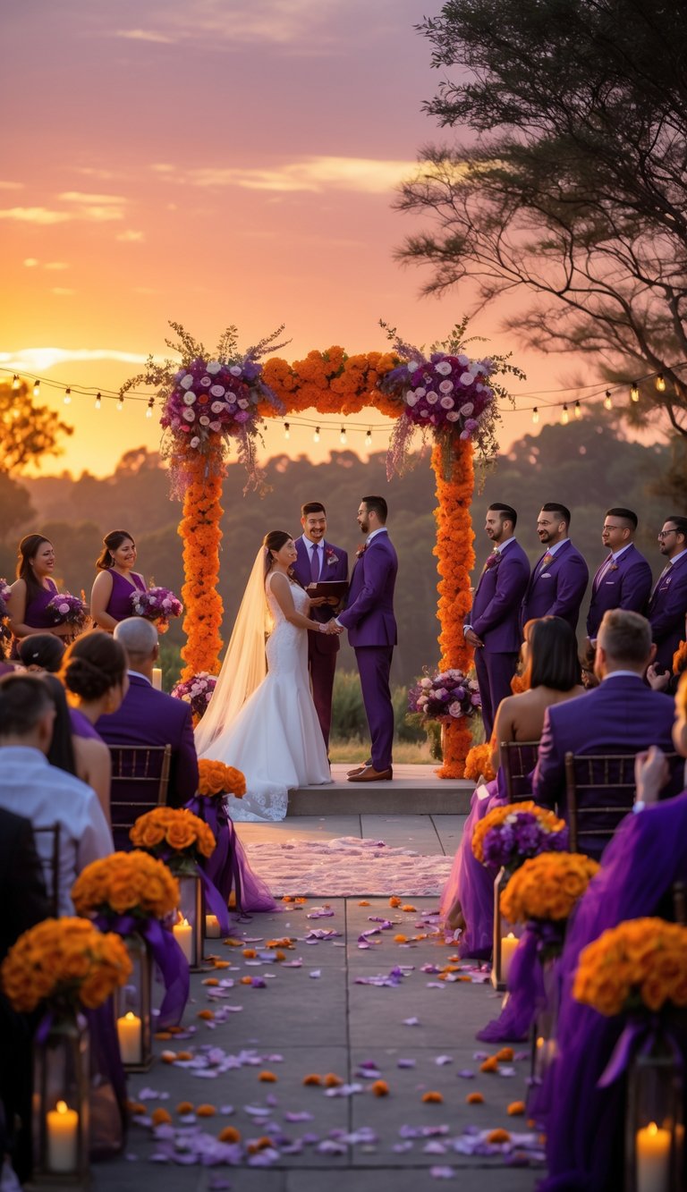 A wedding ceremony at sunset with orange and purple floral decorations, a bride and groom at the altar, and guests seated outdoors.