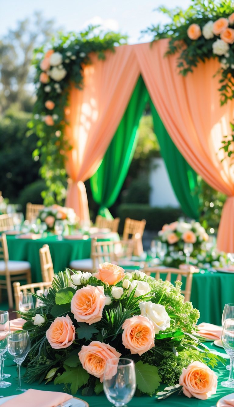 Outdoor wedding setup with peach and kelly green floral decorations and greenery.