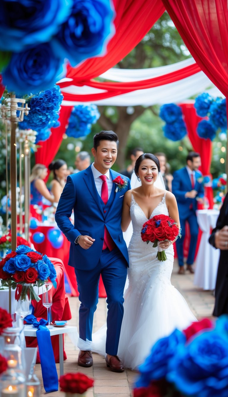 A joyful wedding celebration outdoors with vibrant blue and red decorations, a bride and groom, and happy guests enjoying the event.