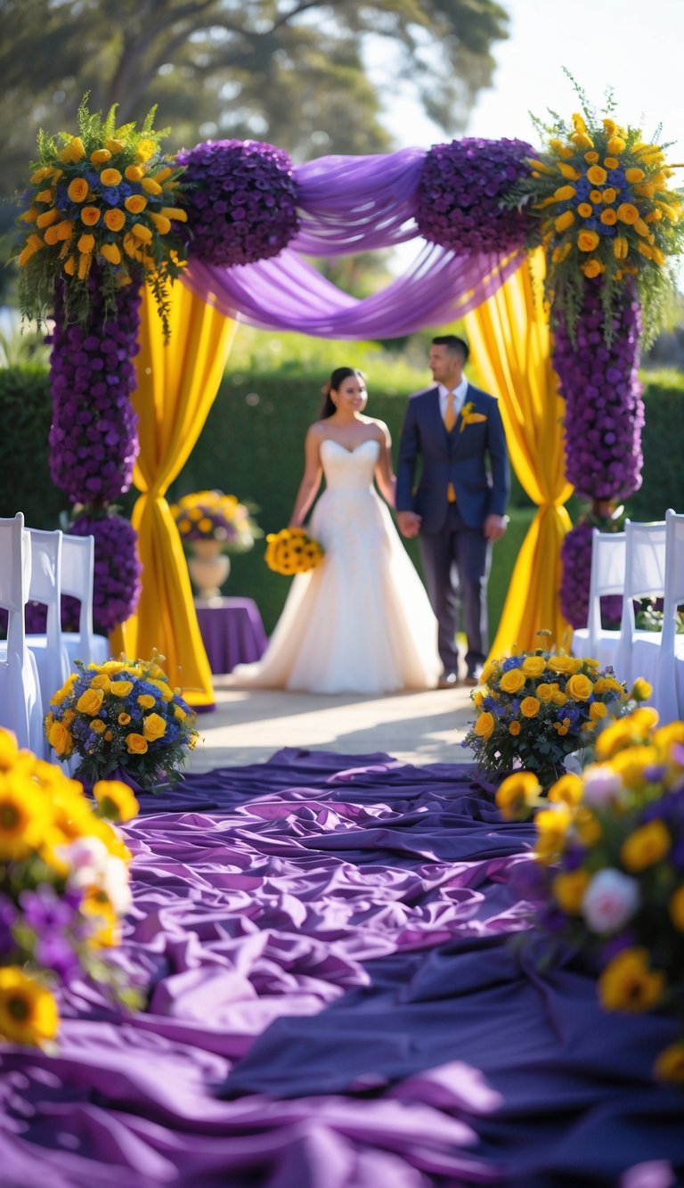 A bride and groom standing at a wedding altar decorated with purple and yellow flowers in an outdoor garden setting.