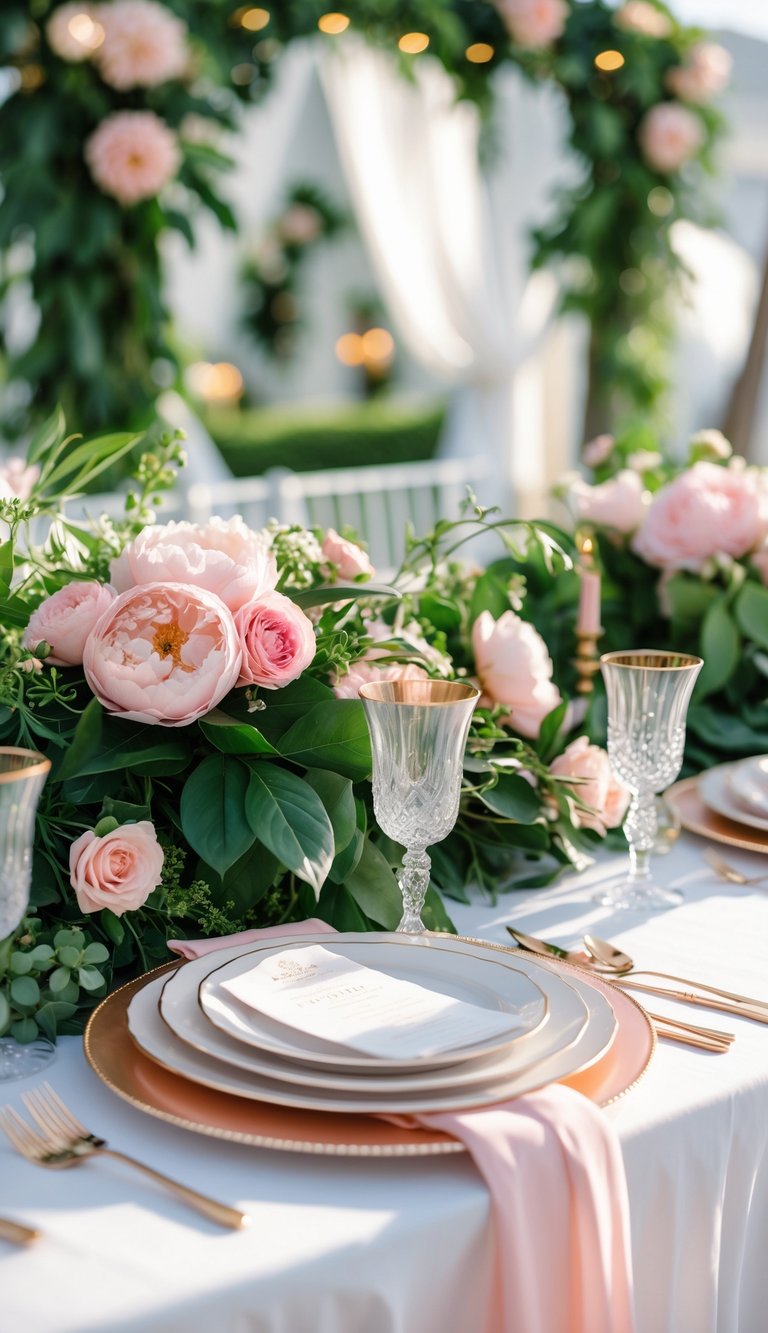 A wedding table decorated with blush pink flowers and emerald green foliage, set with elegant tableware and soft natural light.