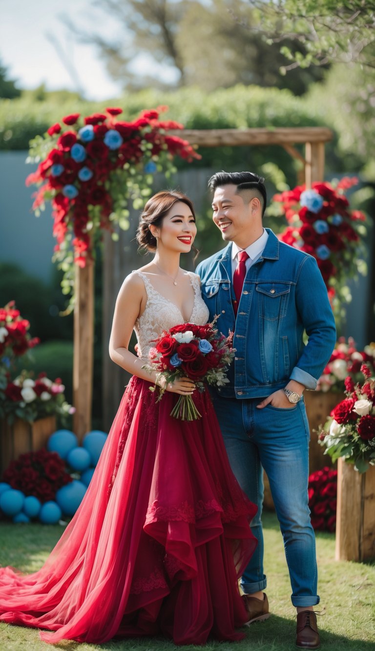 A bride in a crimson gown and a groom in a denim jacket stand together outdoors surrounded by flowers and greenery.