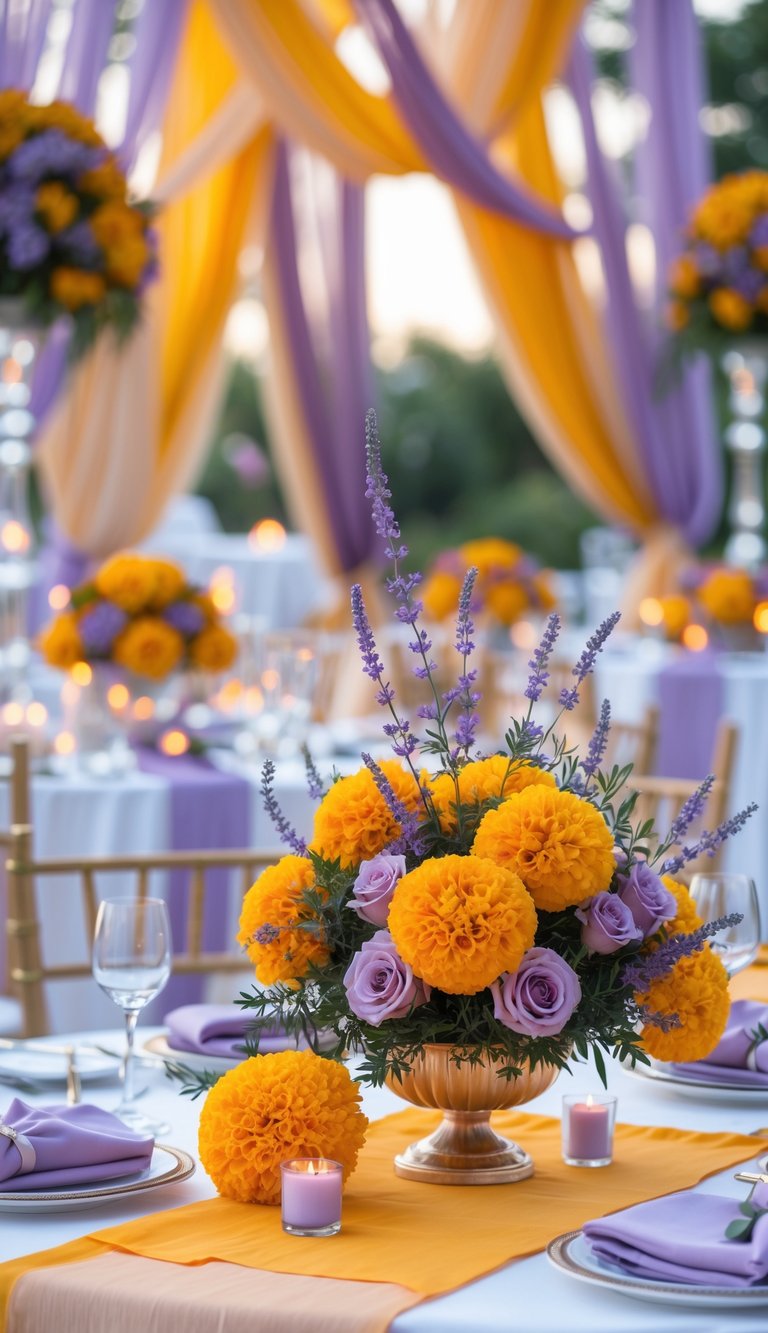 A wedding setup with floral centerpieces and decorations in saffron and lavender colors at an outdoor venue.