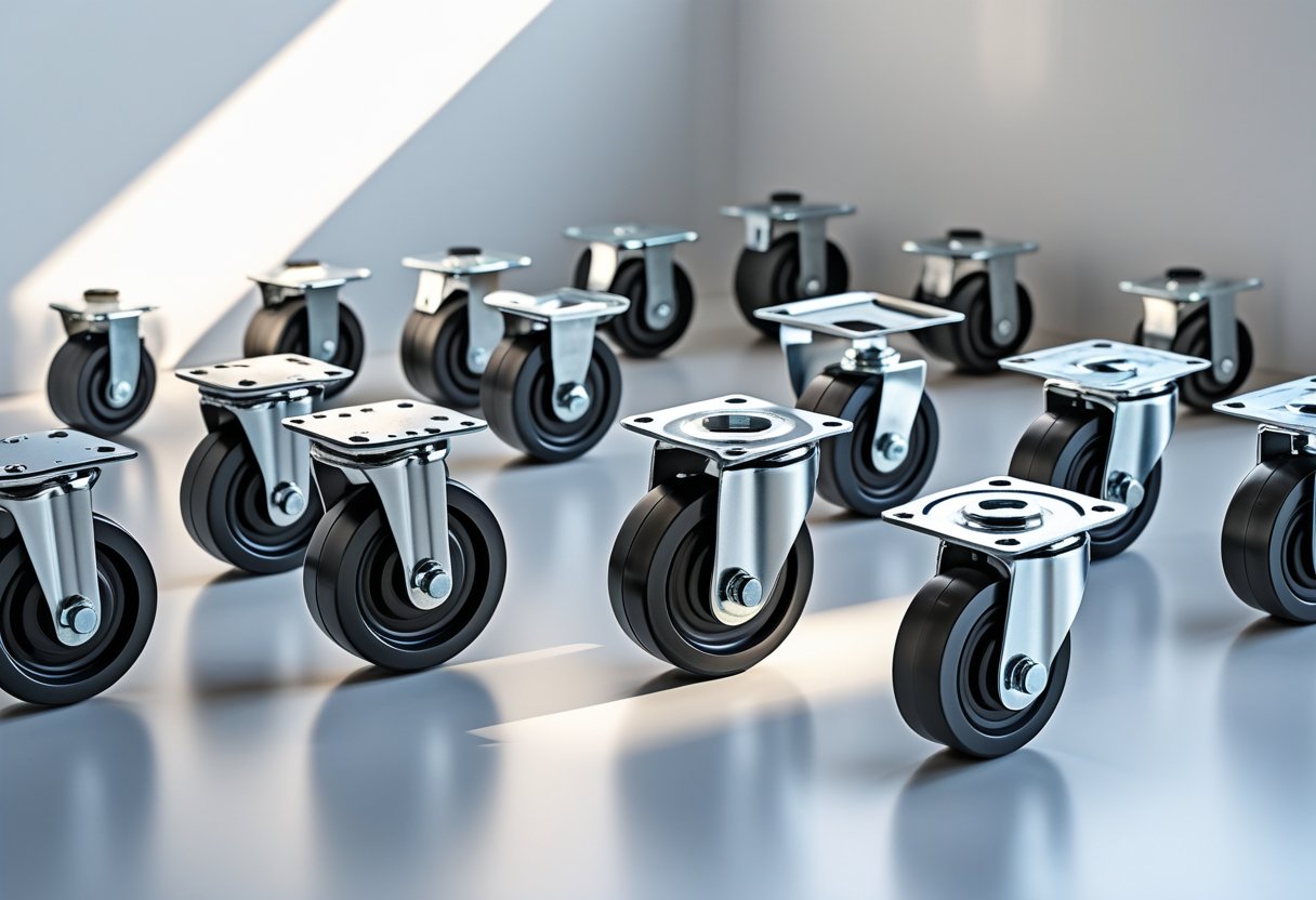 Various types of toolbox casters arranged on a white surface, showing different wheel sizes and mounting styles.
