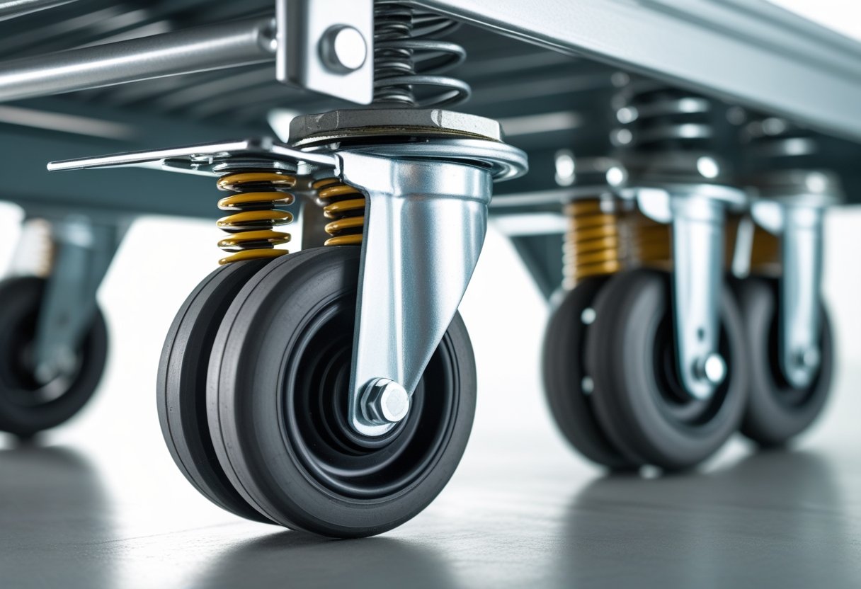 Close-up of spring loaded casters attached to the base of an industrial cart.