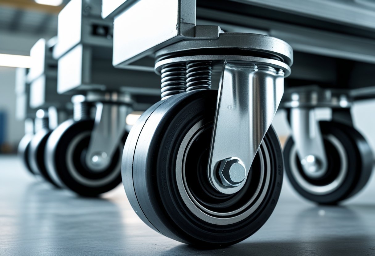 Close-up view of spring loaded casters attached to industrial equipment on a workshop floor.