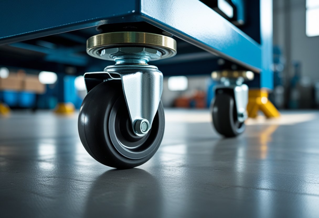 Close-up of leveling casters attached to the base of industrial equipment in a workshop setting.