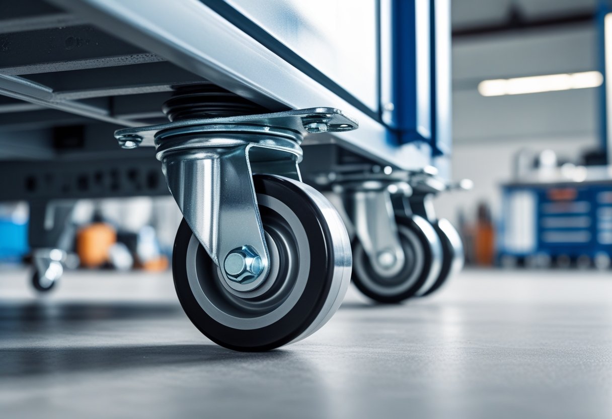 Close-up of leveling casters attached to heavy equipment on a smooth floor in an industrial workspace.