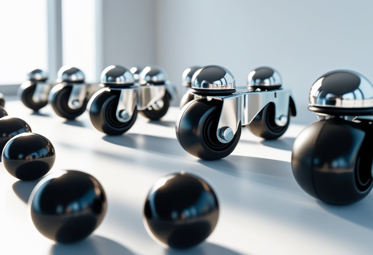 Close-up of several metal and rubber ball furniture casters arranged on a white surface.