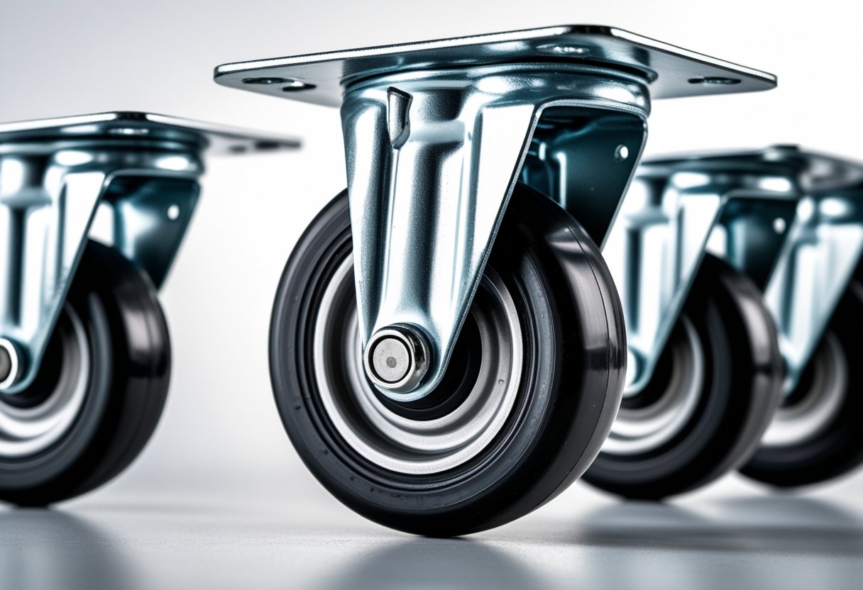 Close-up of industrial casters with brakes attached to a metal frame on a white background.