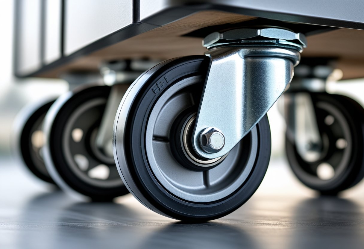 Close-up of industrial casters with brakes attached to equipment wheels.