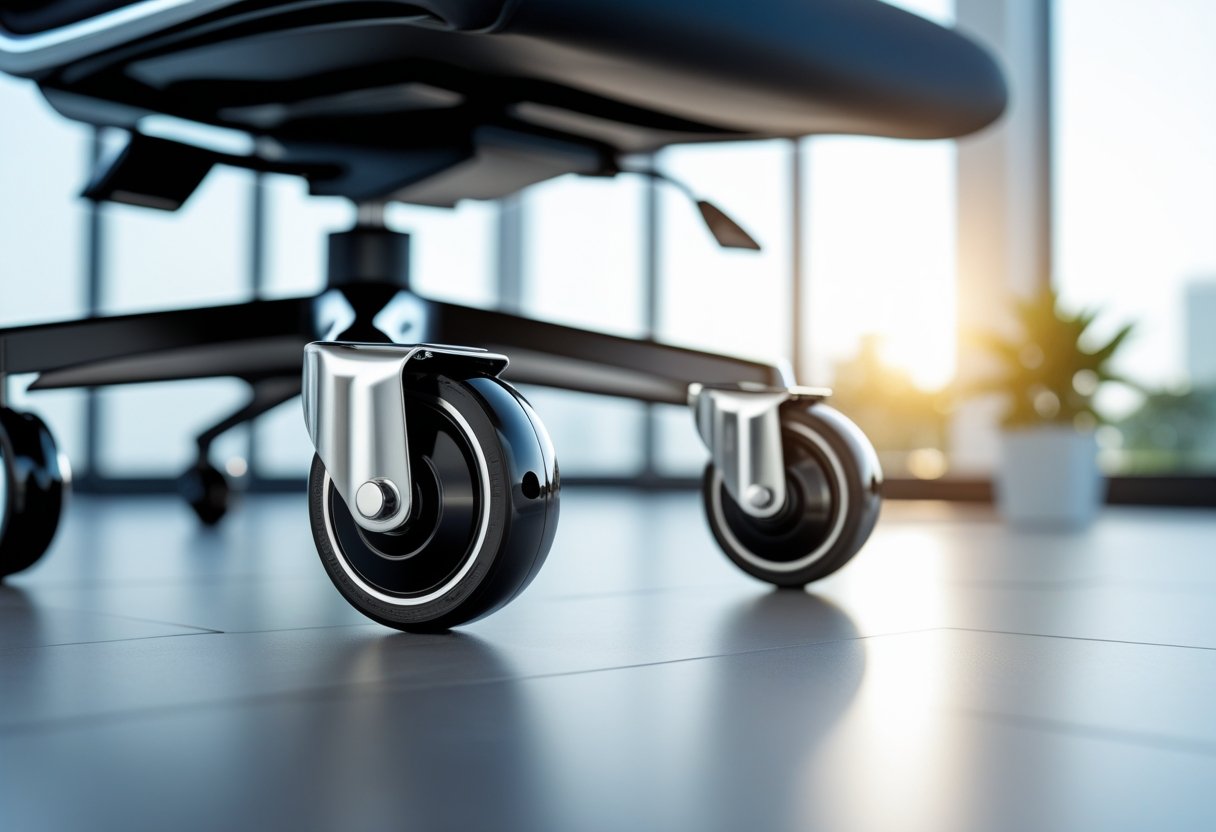 Close-up of ergonomic casters on an office chair leg in a bright office setting.