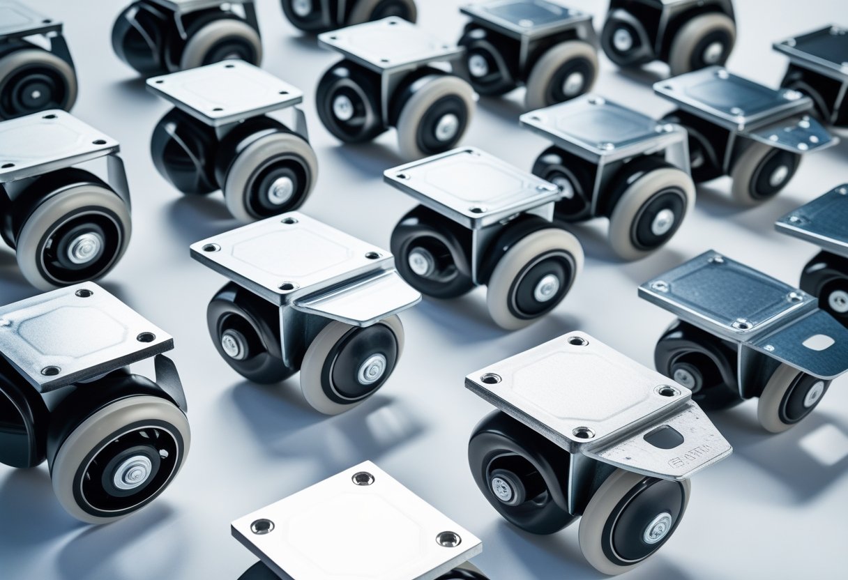 A set of industrial plate casters with mounting plates and wheels arranged on a white background.