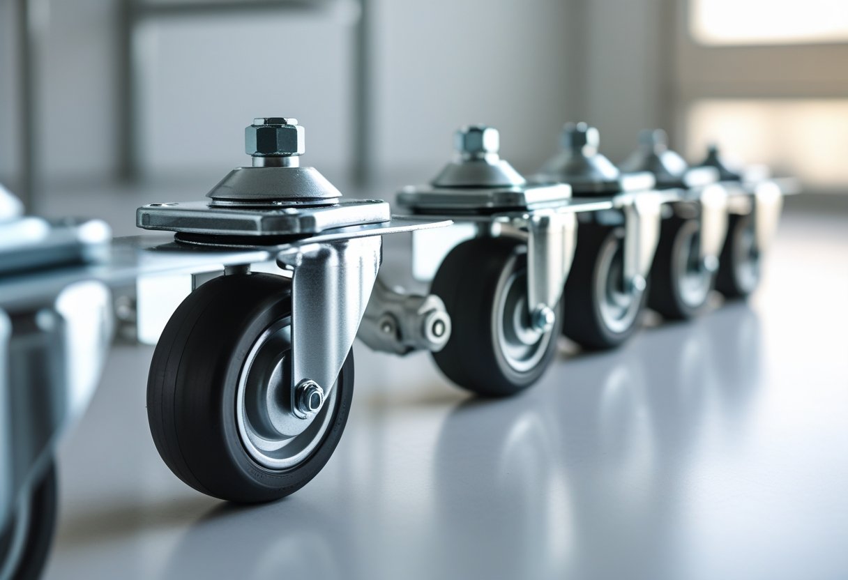 Close-up of several metal plate casters with rubber wheels arranged on a white surface.