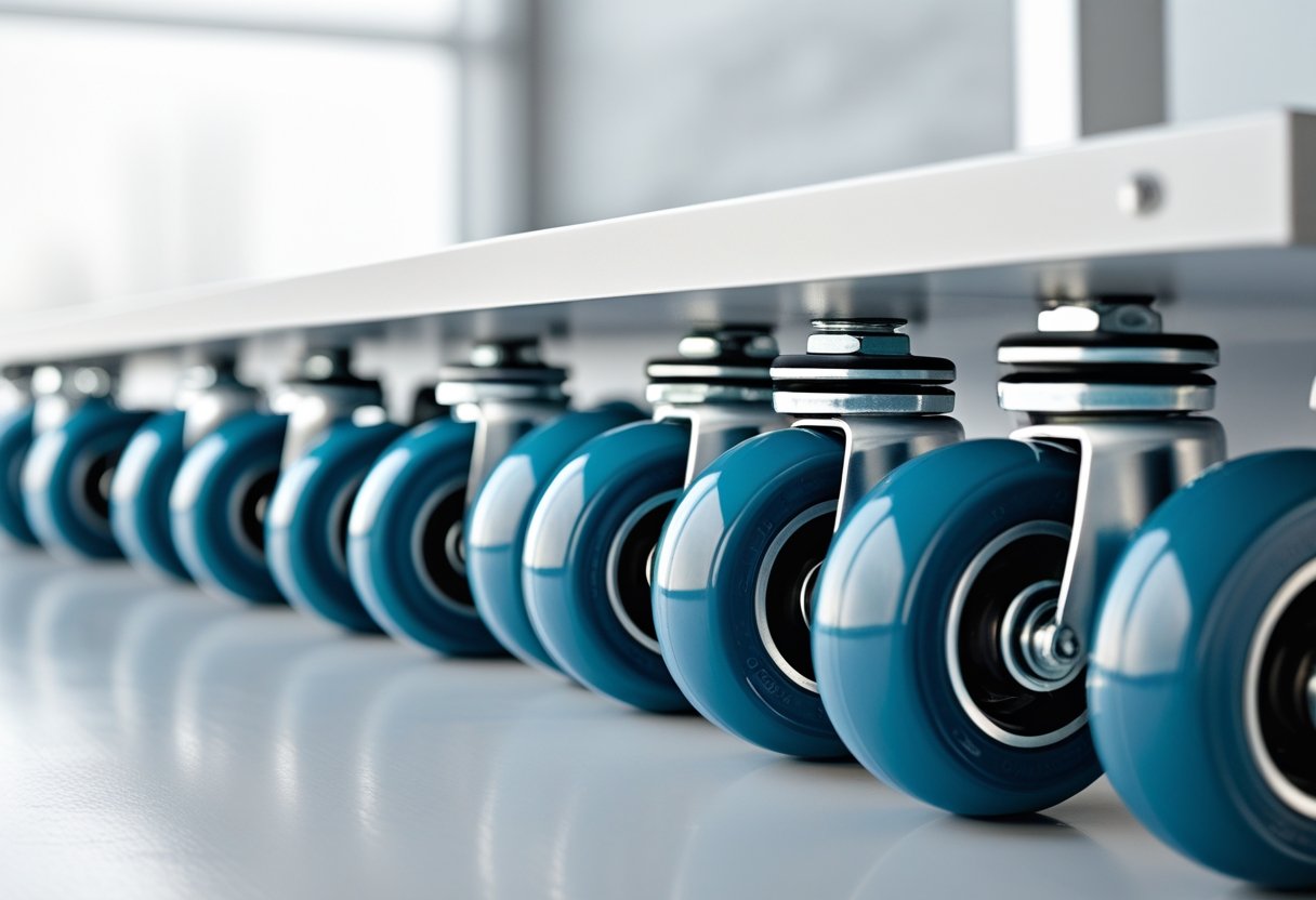 Close-up of several polyurethane casters arranged on a white surface.