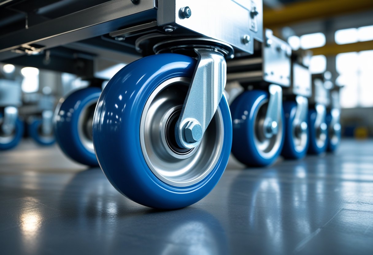 Close-up of several polyurethane caster wheels attached to industrial equipment on a factory floor.