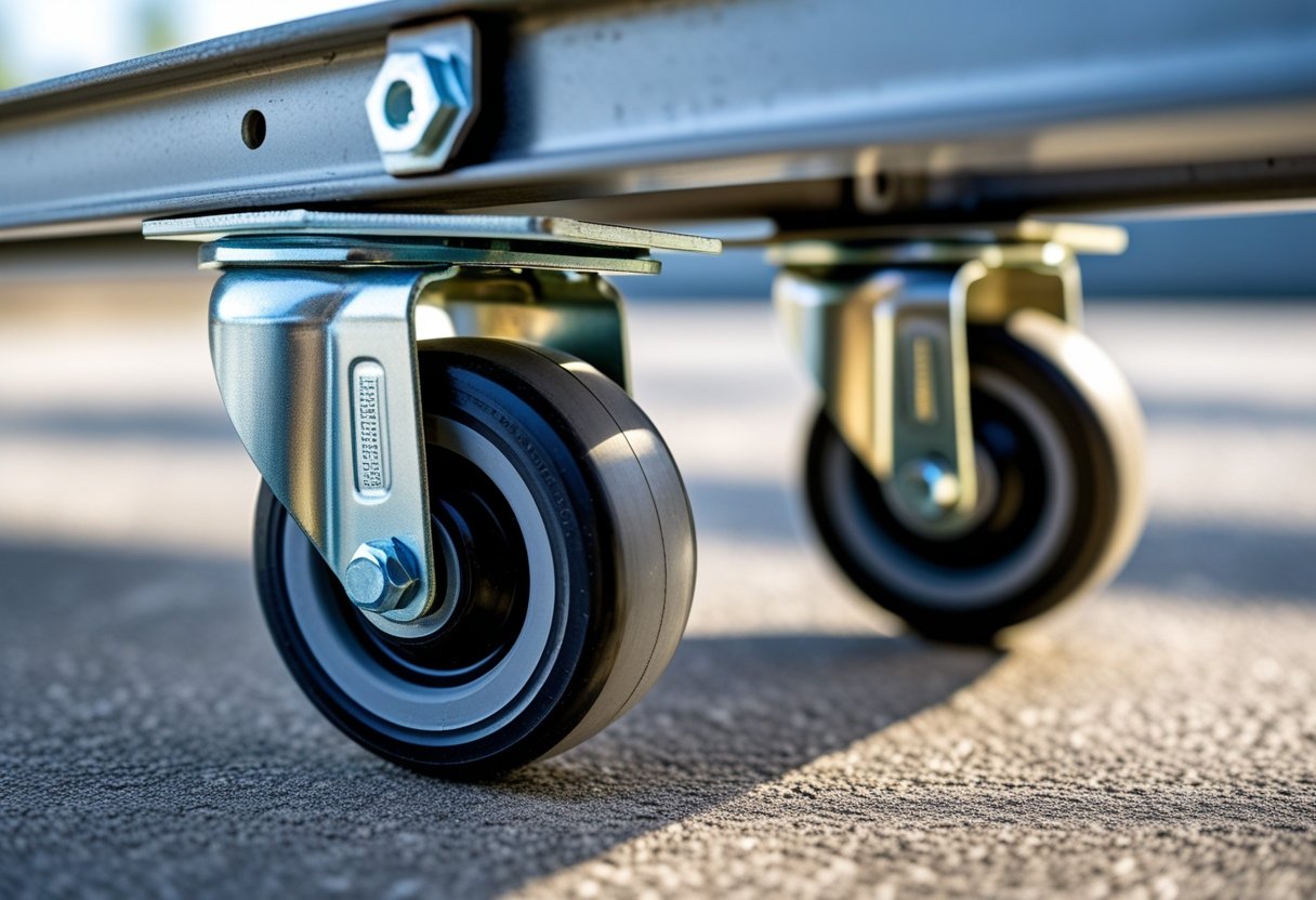 Close-up of outdoor casters with large rubber wheels attached to a metal frame on a concrete surface.