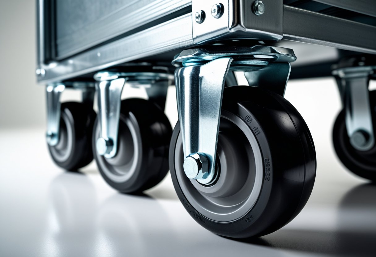 Close-up of swivel lock casters attached to the bottom of an industrial cart with the locking mechanism engaged.