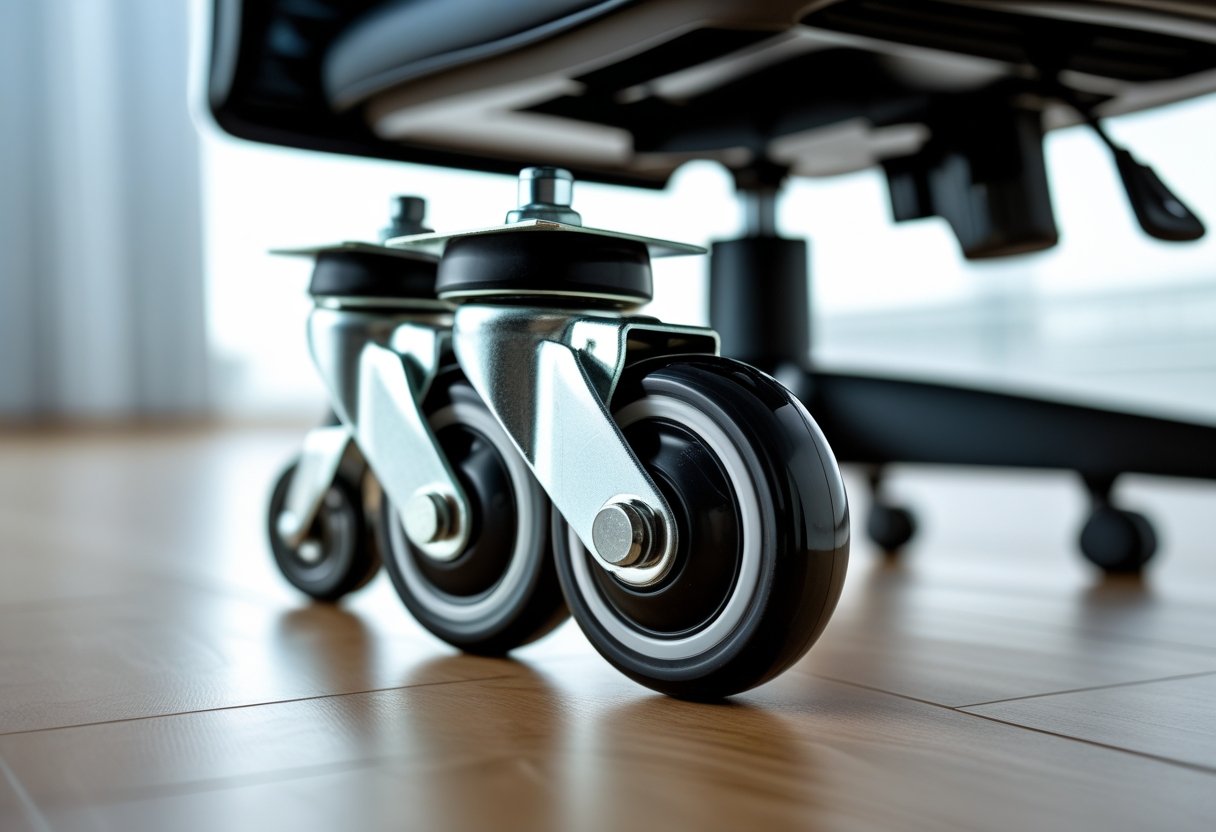 Close-up of swivel lock casters attached to the base of an office chair on a wooden floor.