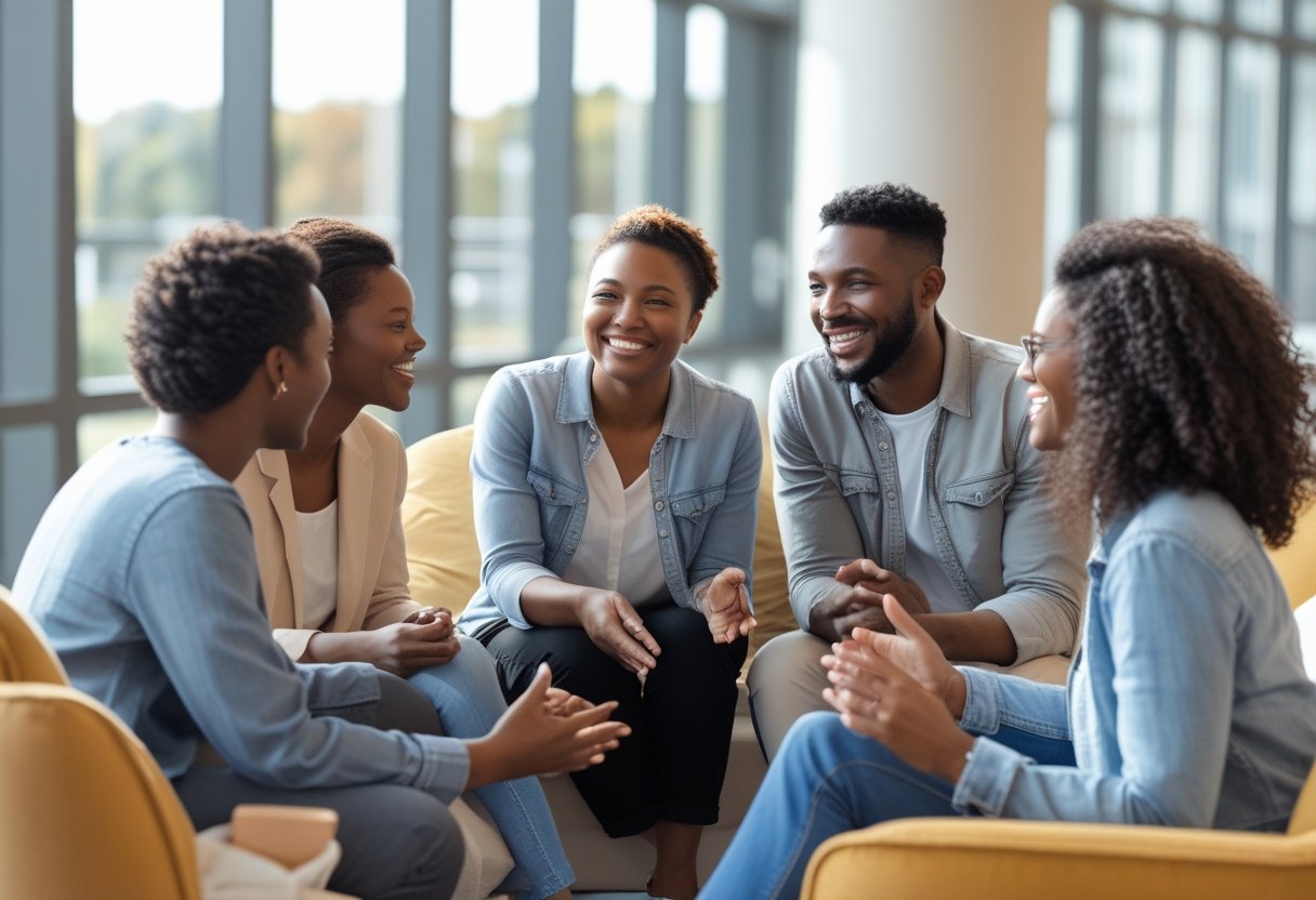 A diverse group of people having a sincere conversation in a modern, bright space.