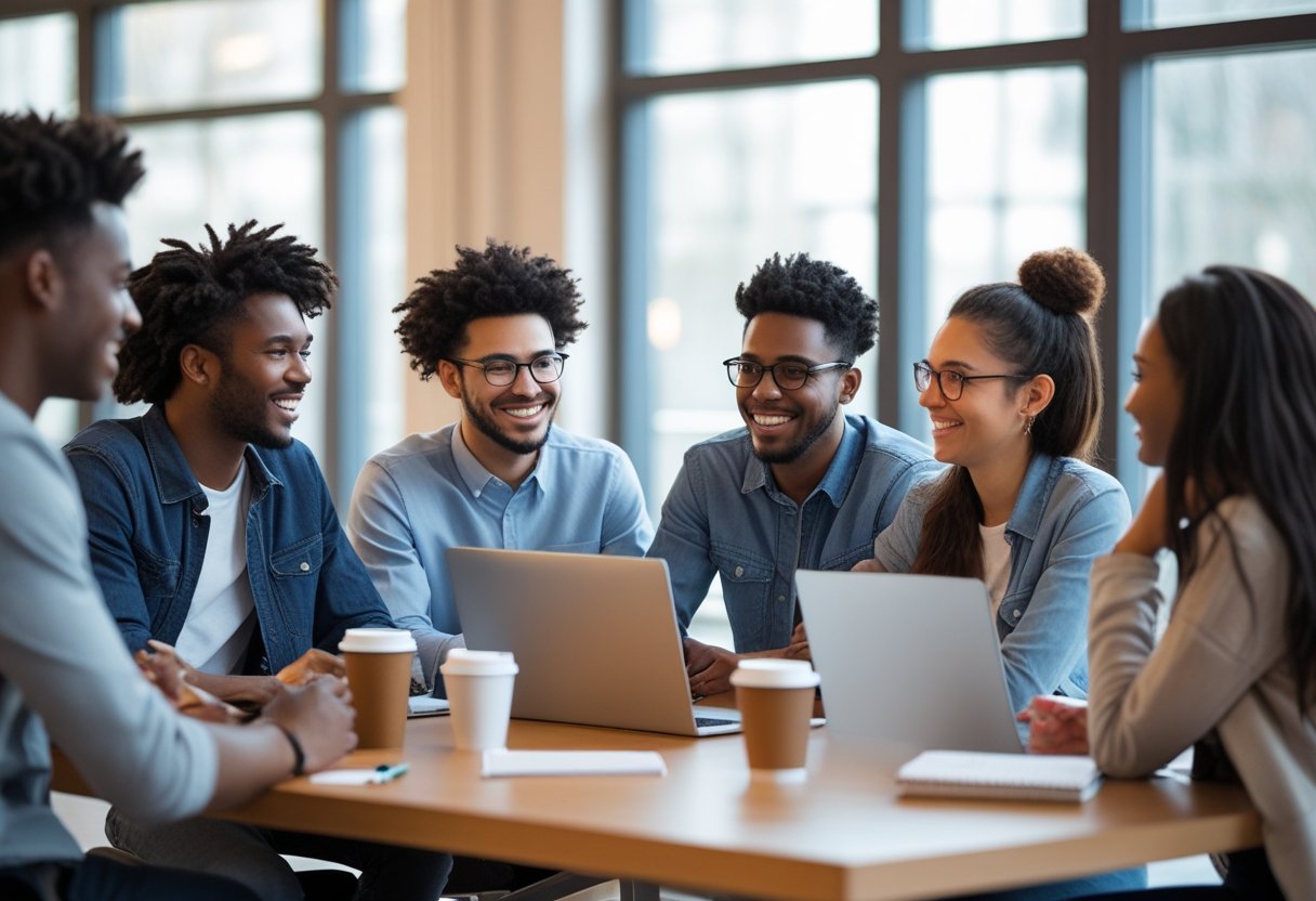 A diverse group of young people chatting and collaborating in a bright, modern workspace.