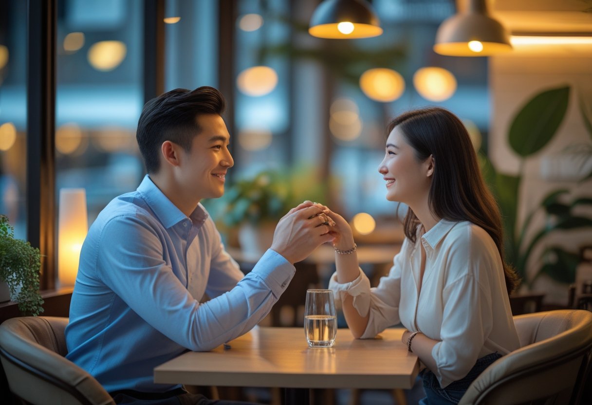 A man and a woman exchange glances at a coffee table, creating an intimate and cozy atmosphere.