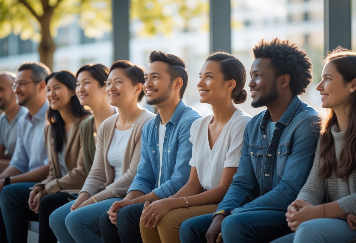 Diverse people waiting patiently in a public space, displaying warm and open expressions.