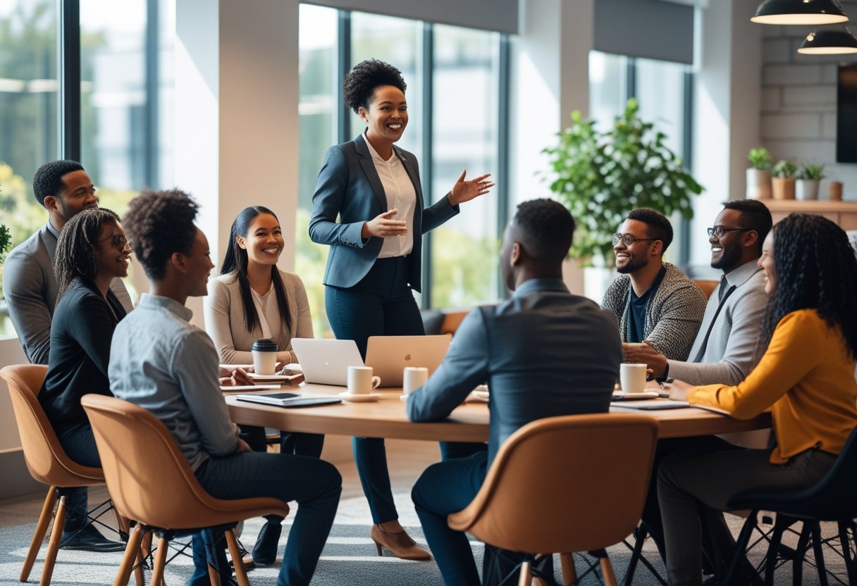 A group of people in a modern office listening attentively to someone telling a story while standing.