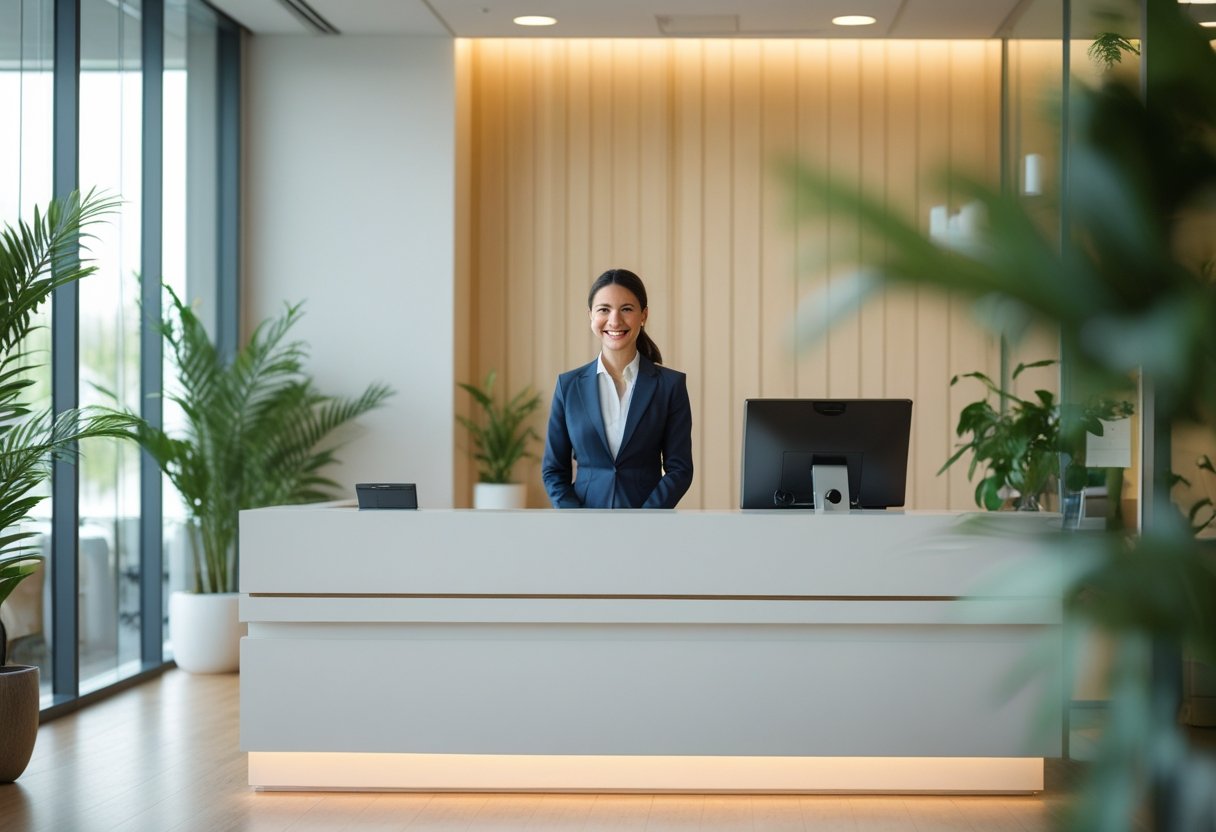Recepcionista amigable de pie detrás de un escritorio moderno en una oficina luminosa y acogedora.
