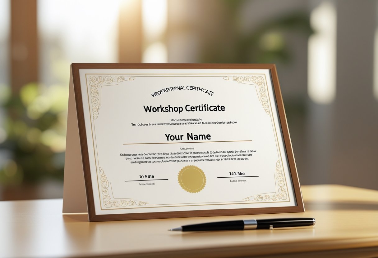 Workshop Certificate | A blank workshop certificate placed on a wooden desk with a pen beside it.