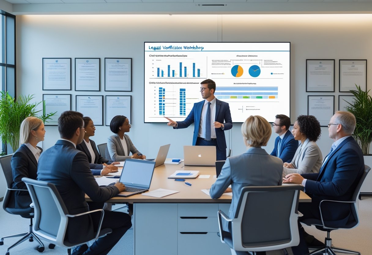 Workshop Certificate | A group of professionals in a conference room attending a workshop on degree verification, with a presenter pointing at a screen and participants engaged around a table.