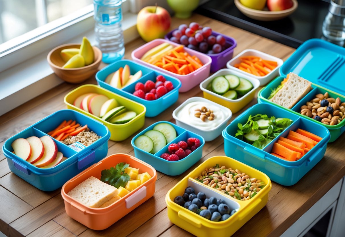 A table with several open lunchboxes filled with colorful healthy foods like fruits, vegetables, sandwiches, and yogurt, arranged in a bright kitchen setting.