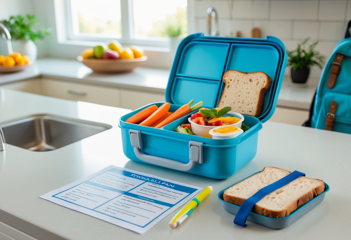A school lunchbox filled with healthy food items on a kitchen counter next to a printed meal plan sheet and a pen.