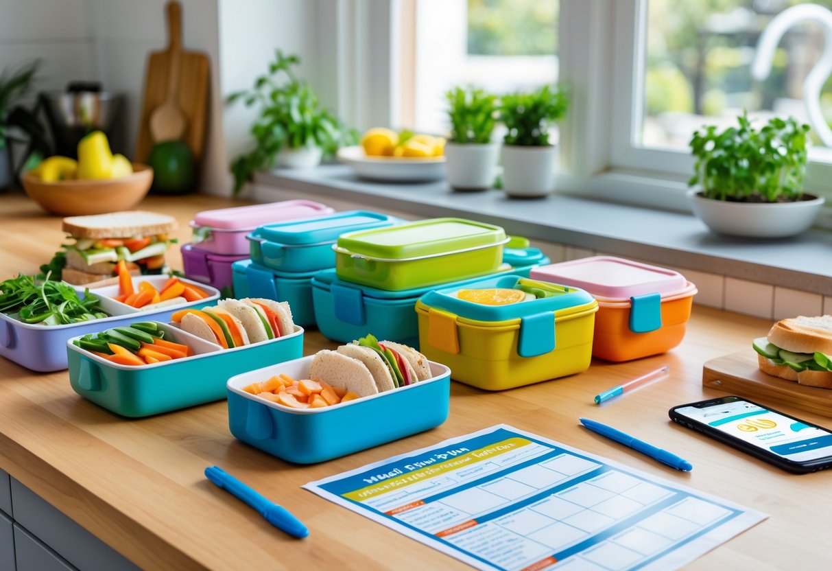 A kitchen countertop with colorful lunchboxes filled with healthy foods and a meal plan checklist nearby, ready for school lunch preparation.