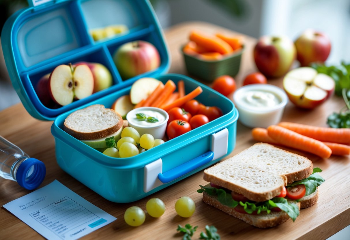 Open school lunchbox with a variety of healthy foods including fruit, sandwich, and vegetables on a wooden table.