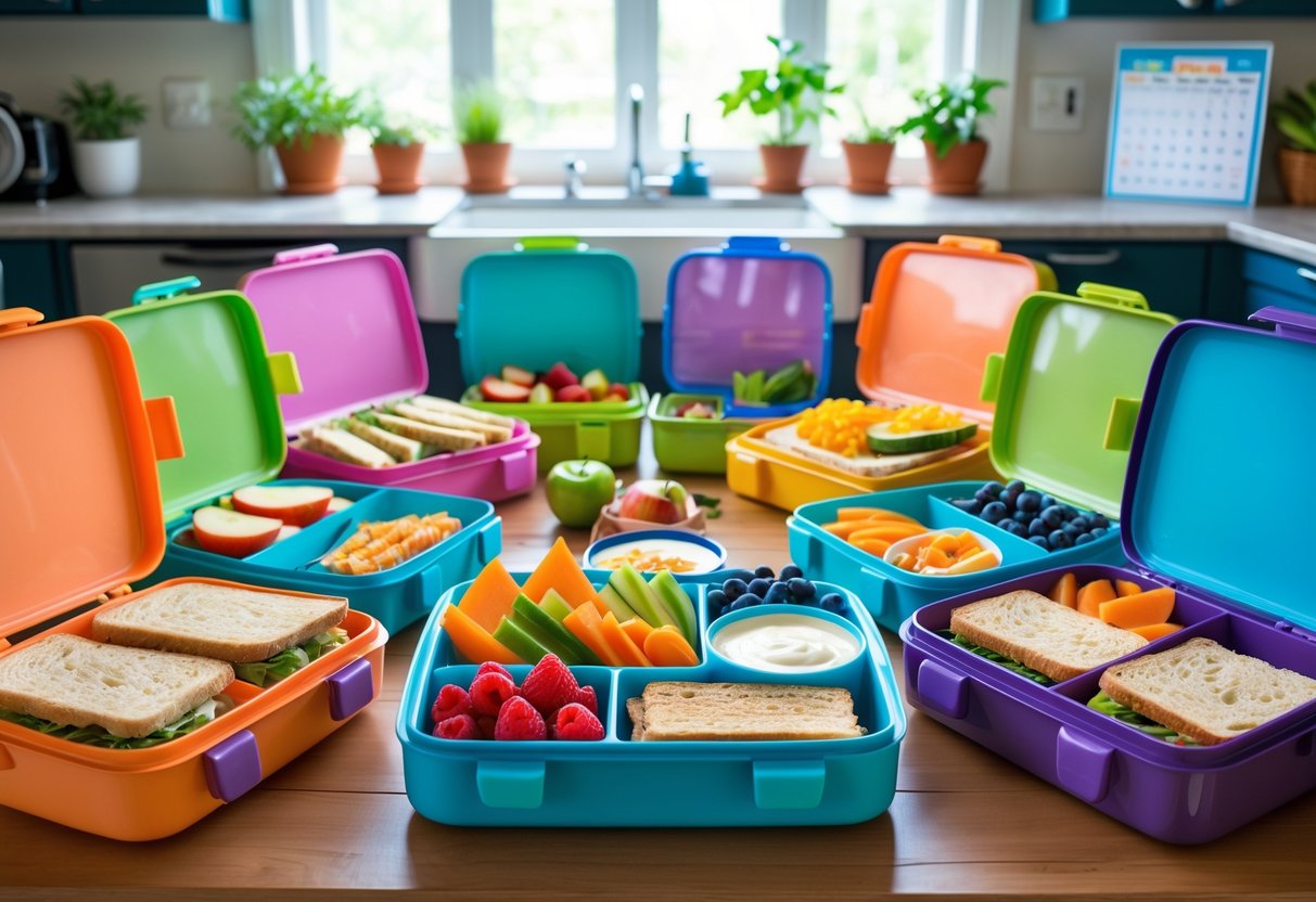 A kitchen table with several open lunchboxes filled with healthy kid-friendly meals including sandwiches, fruits, vegetables, and snacks.