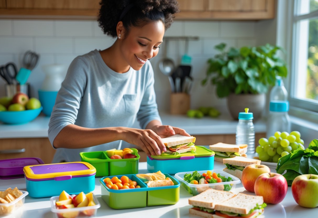 A parent packing healthy school lunches in a bright kitchen with lunchboxes, fruits, and snacks on the countertop.