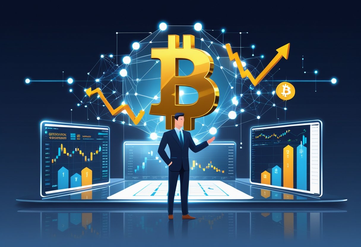 An investor analyzing digital charts with a glowing Bitcoin symbol and blockchain patterns in a futuristic digital environment.