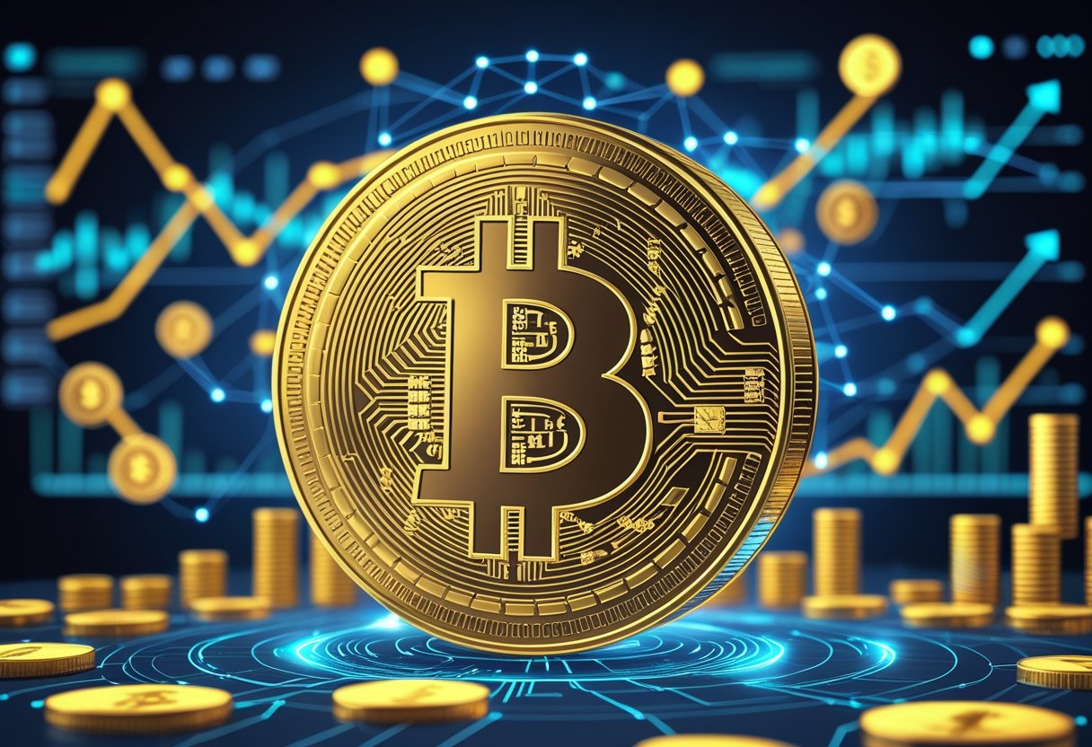 A large Bitcoin coin surrounded by digital blockchain nodes and financial charts representing cryptocurrency investment.