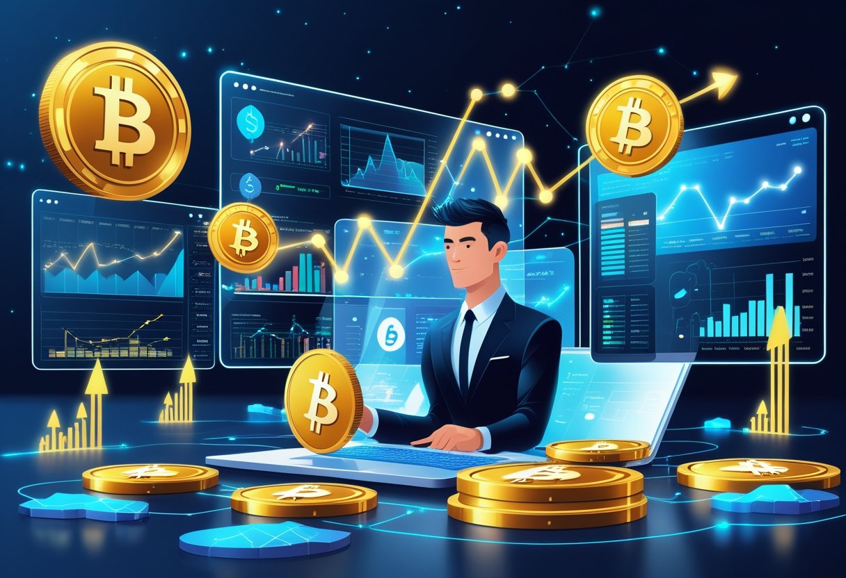A person analyzing cryptocurrency data on multiple transparent screens, surrounded by bitcoin coins and blockchain network visuals in a modern workspace.