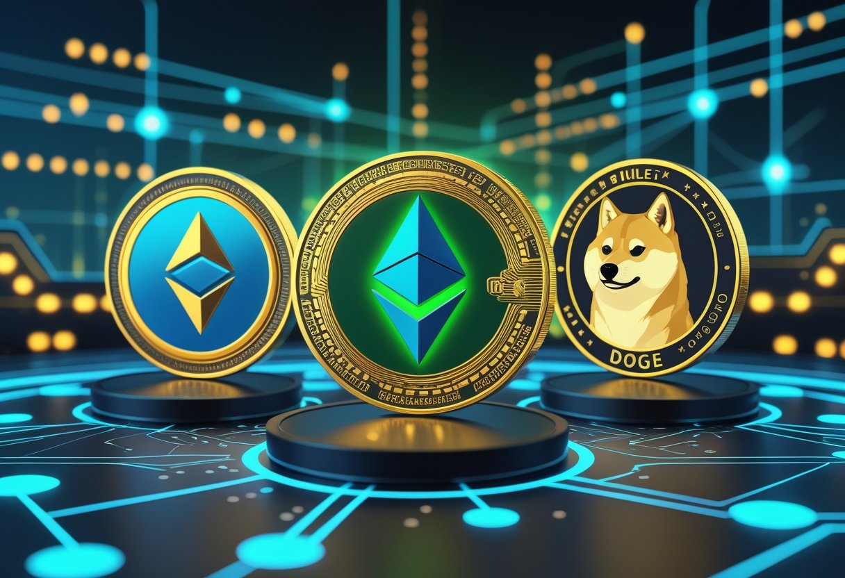 A digital scene showing floating coins representing IMX, CELO, and DOGE cryptocurrencies above a futuristic platform with glowing blockchain nodes and circuits.