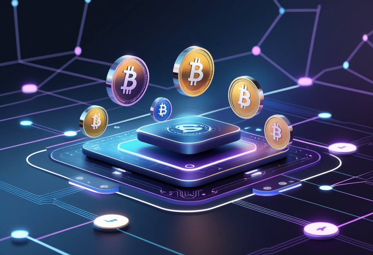 A digital scene showing glowing 3D representations of cryptocurrency coins floating above a high-tech platform with interconnected blockchain nodes and circuit patterns in the background.