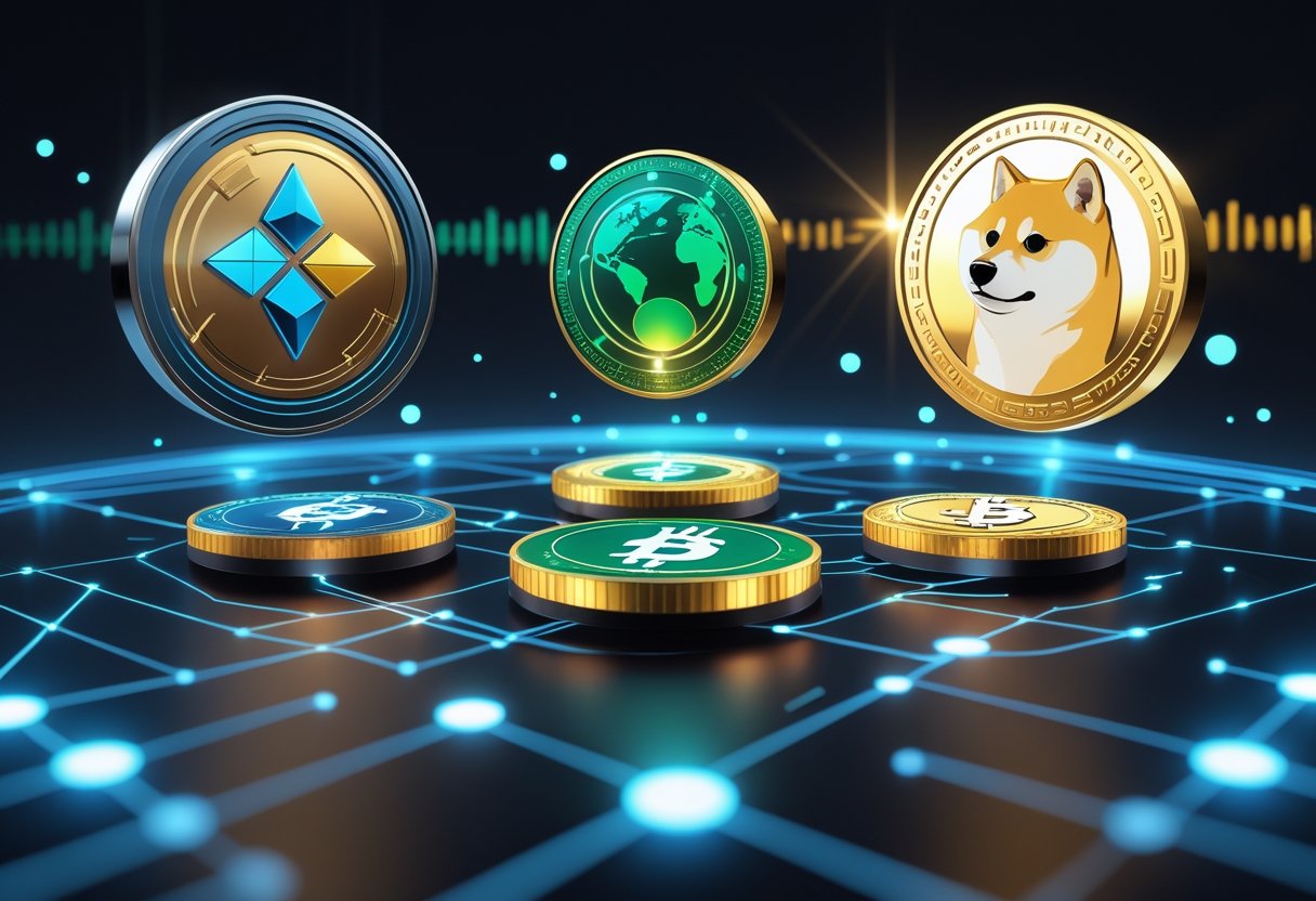 Three stylized cryptocurrency coins representing IMX, CELO, and DOGE floating above a glowing digital grid with a dark tech-themed background.
