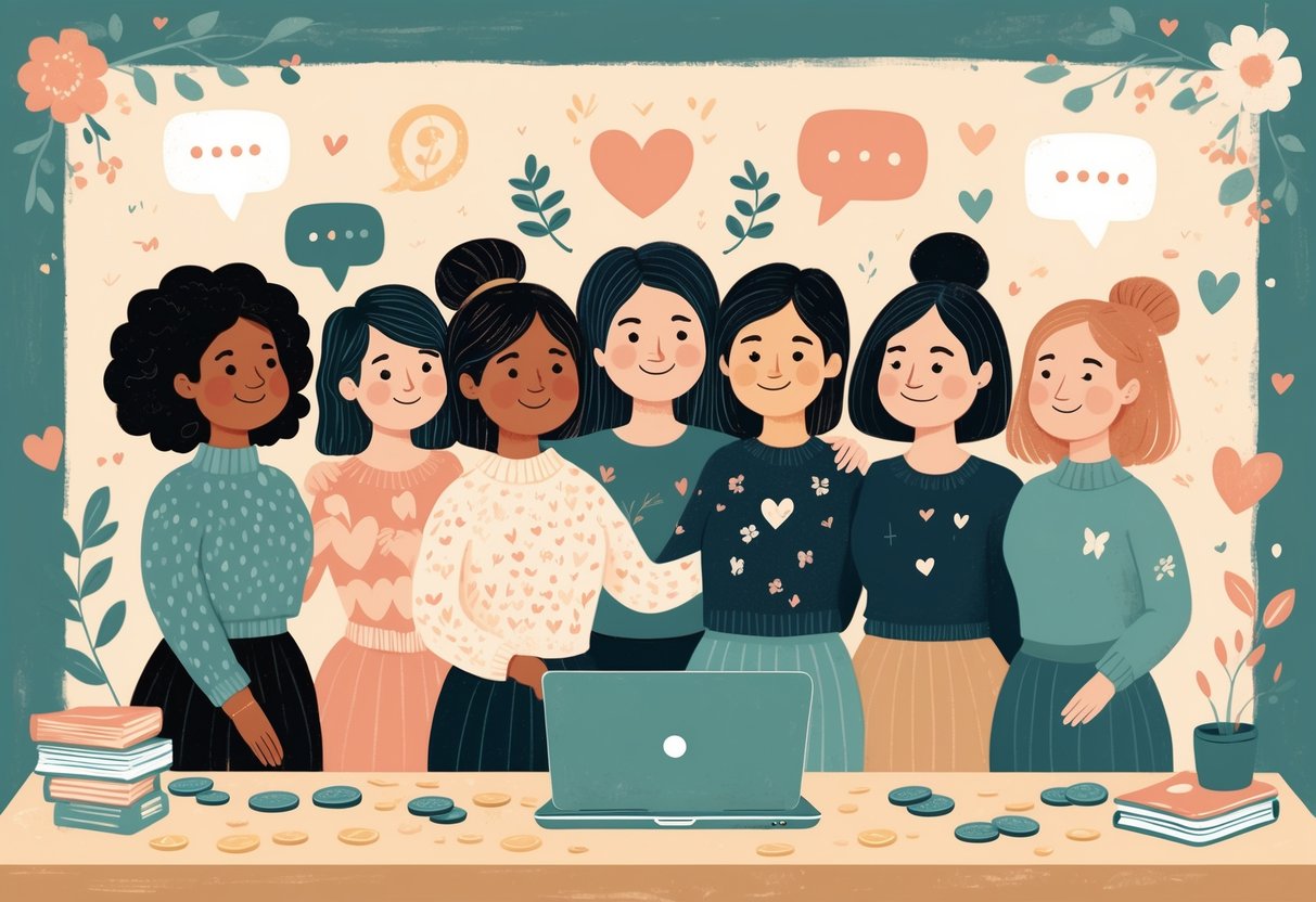 A group of diverse women gathered around a desk with coins, a budget planner, and a laptop, sharing supportive and confident expressions in a warm, inviting setting.