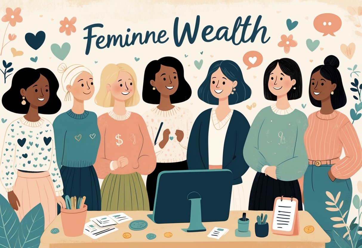 A group of diverse women in casual-smart clothes gather around a desk with coins, dollar signs, and a budget planner, surrounded by hearts, speech bubbles, and florals, showing a supportive and confident atmosphere about managing money.