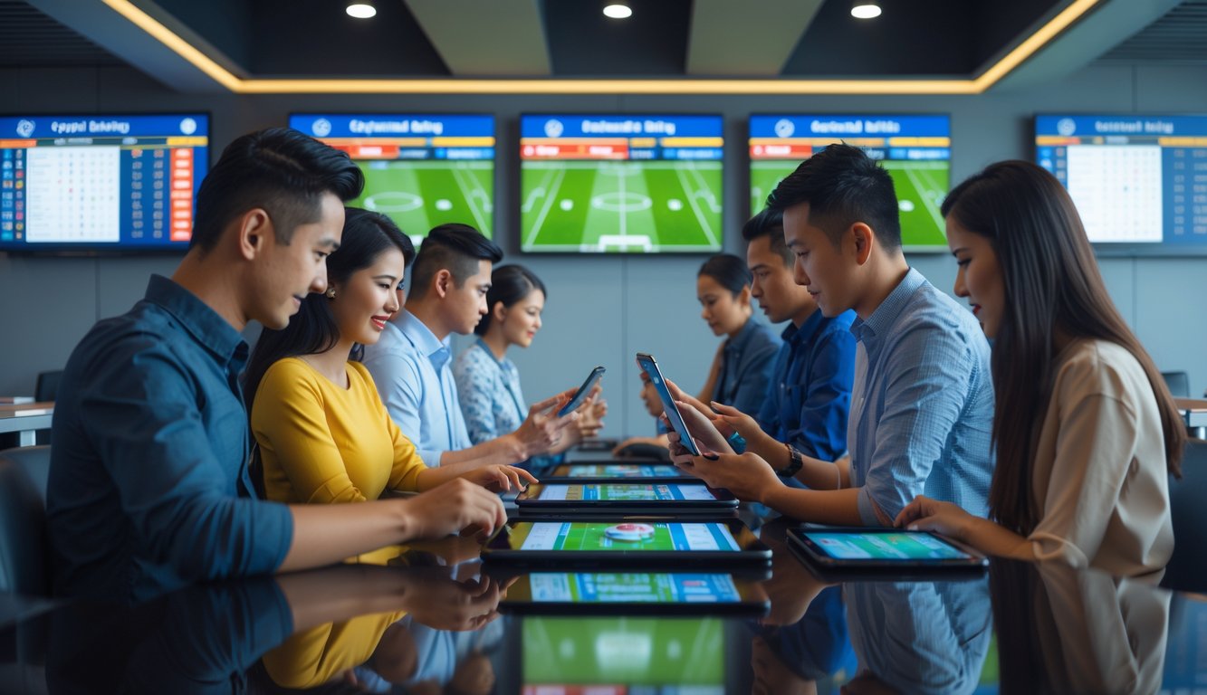 Beberapa orang sedang memasang taruhan sepak bola di sebuah ruangan modern dengan layar besar menampilkan pertandingan sepak bola.